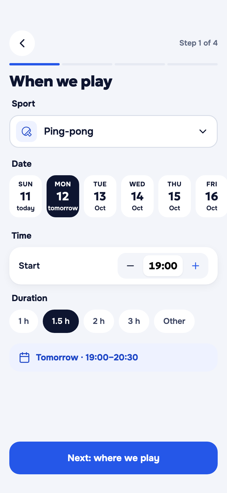 The “When do we play” screen: sport, date, time, duration